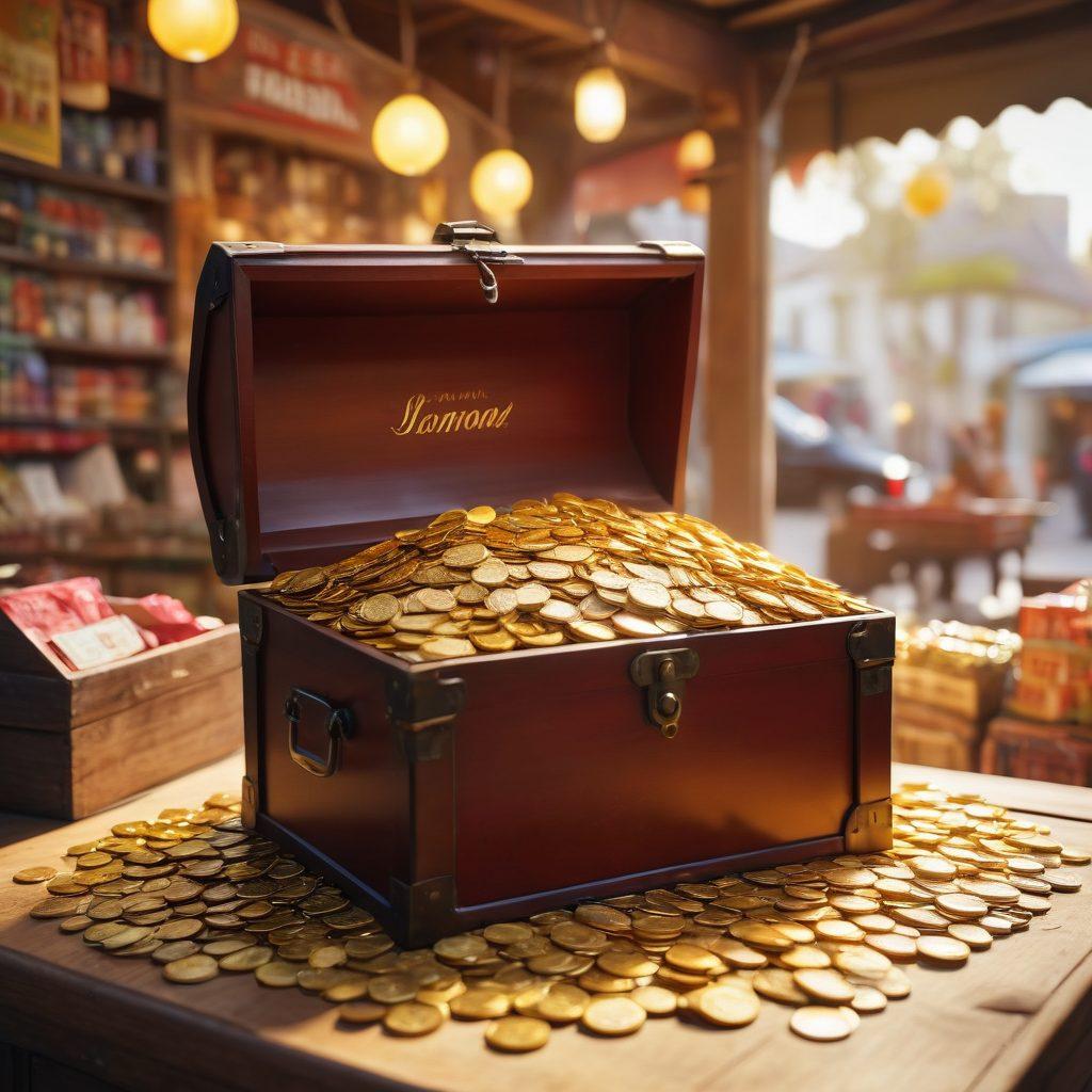 A visually appealing treasure chest overflowing with gold coins, discount tags, and coupons, set on a vibrant market stall filled with clearance sale items like clothing, electronics, and home goods. Bright sunlight casts warm rays, inviting viewers into a world of savings. The atmosphere conveys excitement and joy, capturing the essence of daily deals. super-realistic. vibrant colors. white background.