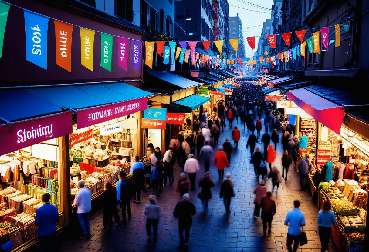 An engaging scene depicting a lively marketplace filled with colorful banners promoting flash sales, shoppers eagerly browsing discounted items, and animated price tags with arrows suggesting deep reductions. Add dynamic elements like shopping carts overflowing with goods, excited expressions on shoppers' faces, and vibrant decorations to convey urgency and excitement about savings. bright colors. 3D. upbeat vibe.