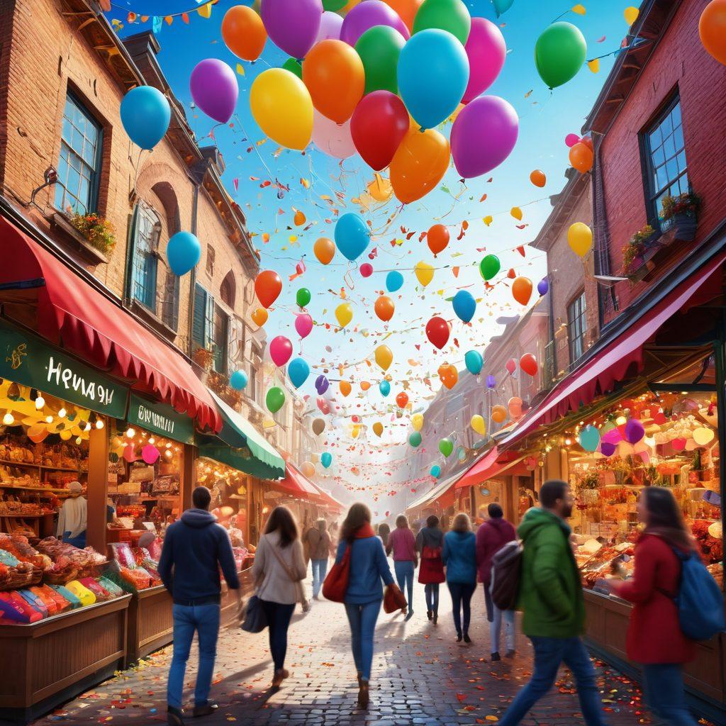 A vibrant marketplace bustling with excited shoppers, featuring colorful banners advertising exclusive promotions and flash sales. Display a variety of unique products like electronics, clothing, and home goods, all marked with eye-catching discounts. Include animated elements like confetti or sale balloons for a festive atmosphere. Capture the essence of thrill and opportunity. digital illustration. vibrant colors. 3D.